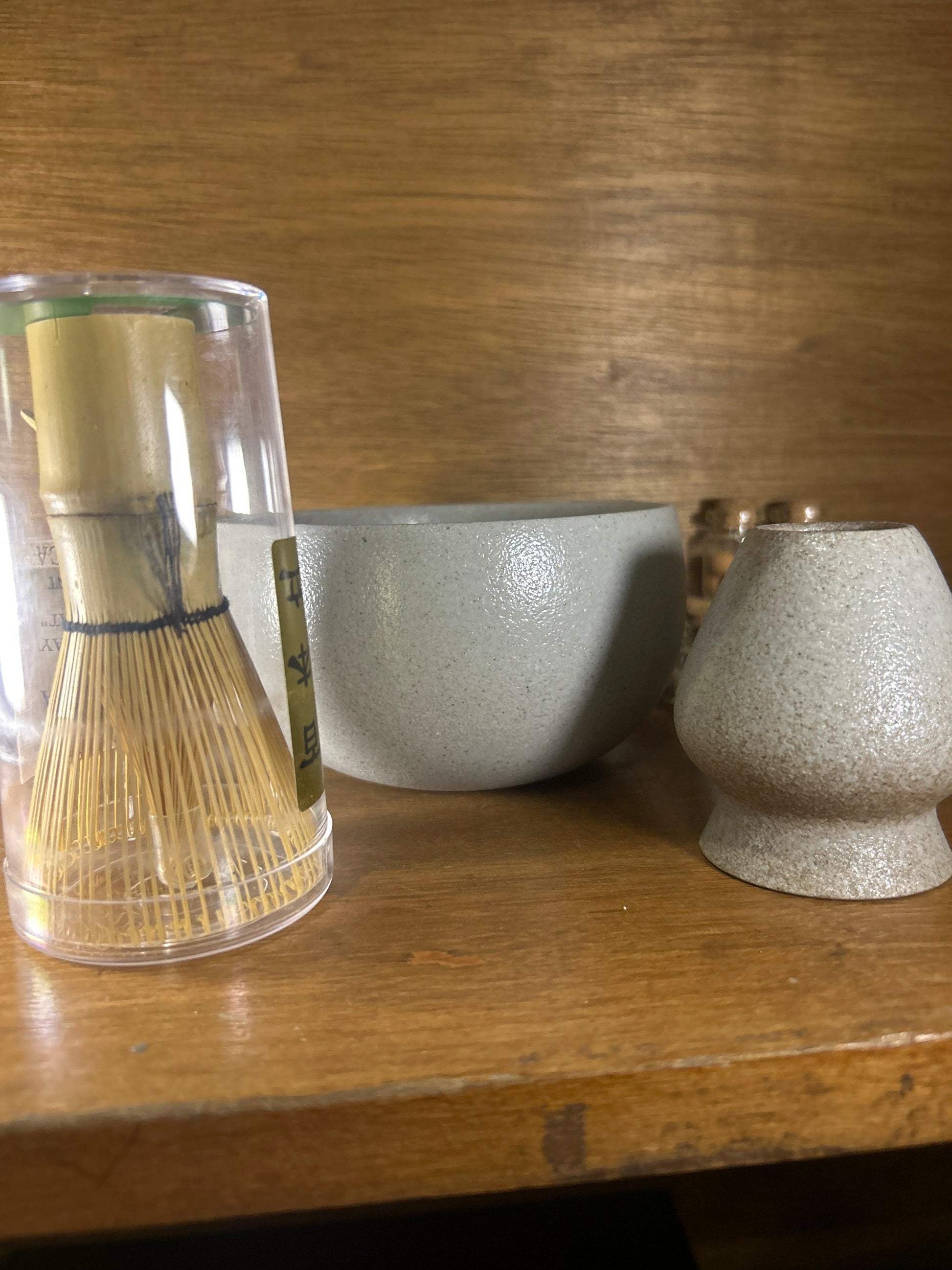 Ceramic matcha bowl (chawan) and bamboo whisk (chasen) set for Japanese tea ceremony