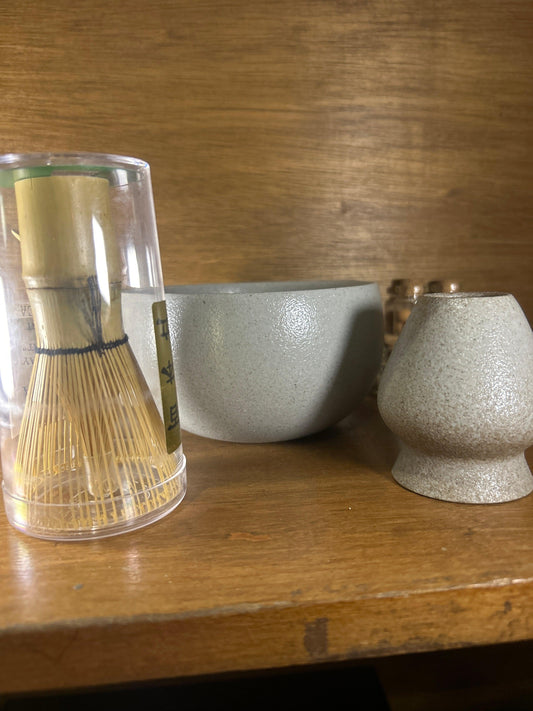 Ceramic matcha bowl (chawan) and bamboo whisk (chasen) set for Japanese tea ceremony