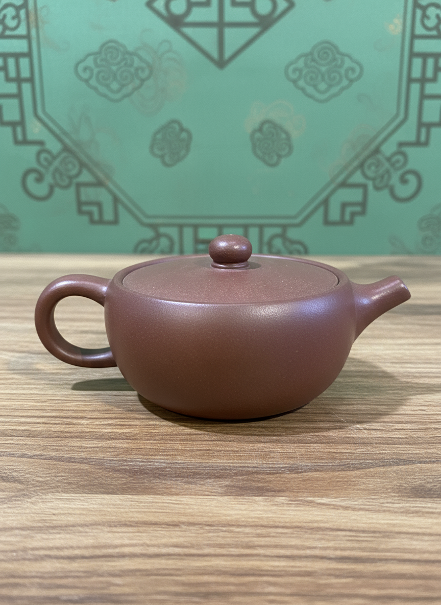 Yixing clay teapot “Amber Lotus,” 110 ml, with lotus-inspired design in warm amber clay.