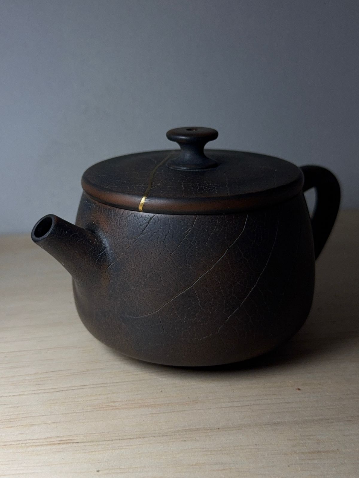 “Dark clay teapot with fossil leaf texture”