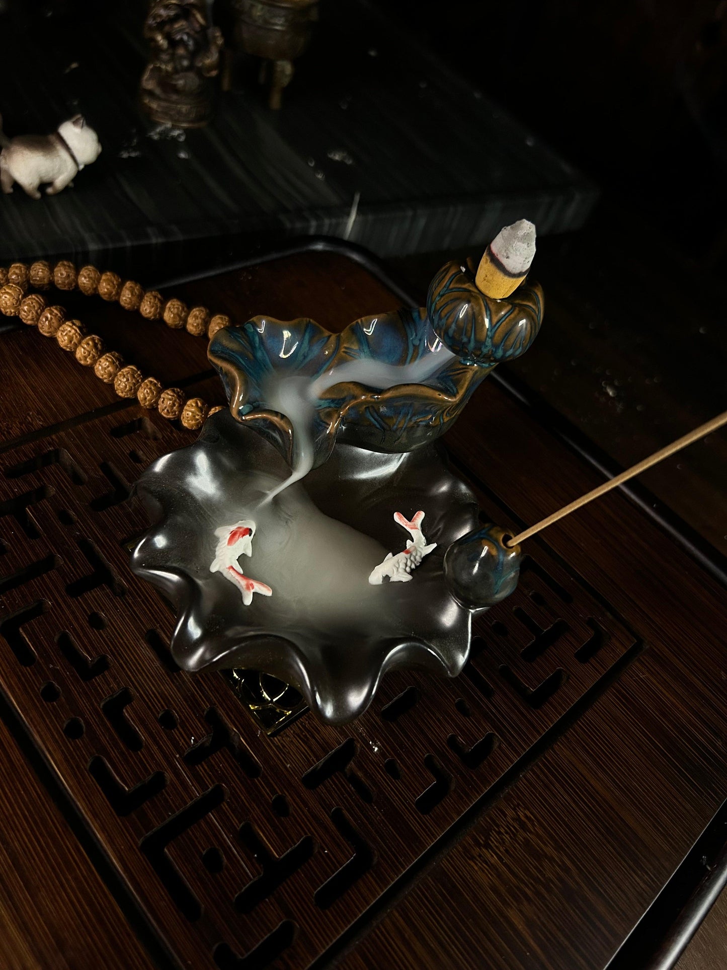 Koi Spirit Falls Incense Burner - Gaba Tea House Incense stand with two fish design, symbolizing harmony and prosperity