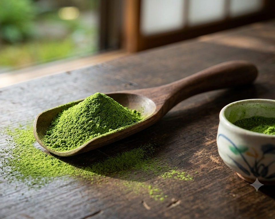 Vibrant emerald green matcha powder inside a traditional ceramic bowl