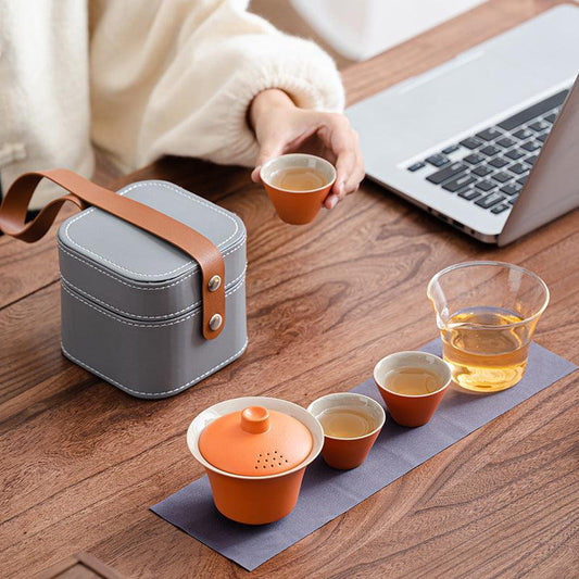 Portable Tea Set with Gaiwan & Cups in Leather Travel Case
