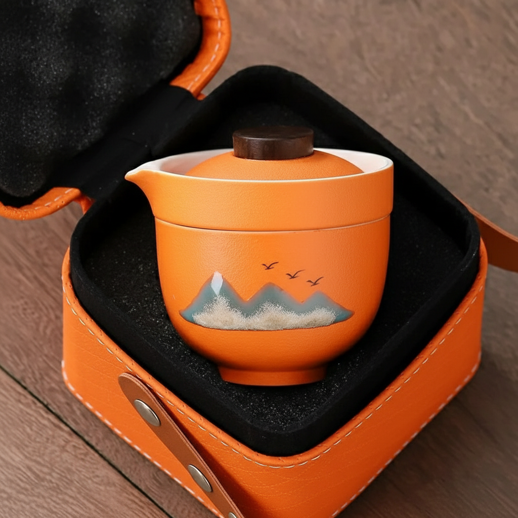 Orange Peak — Travel Porcelain Tea Set with Gaiwan, Chahai & Two 30 ml Cups