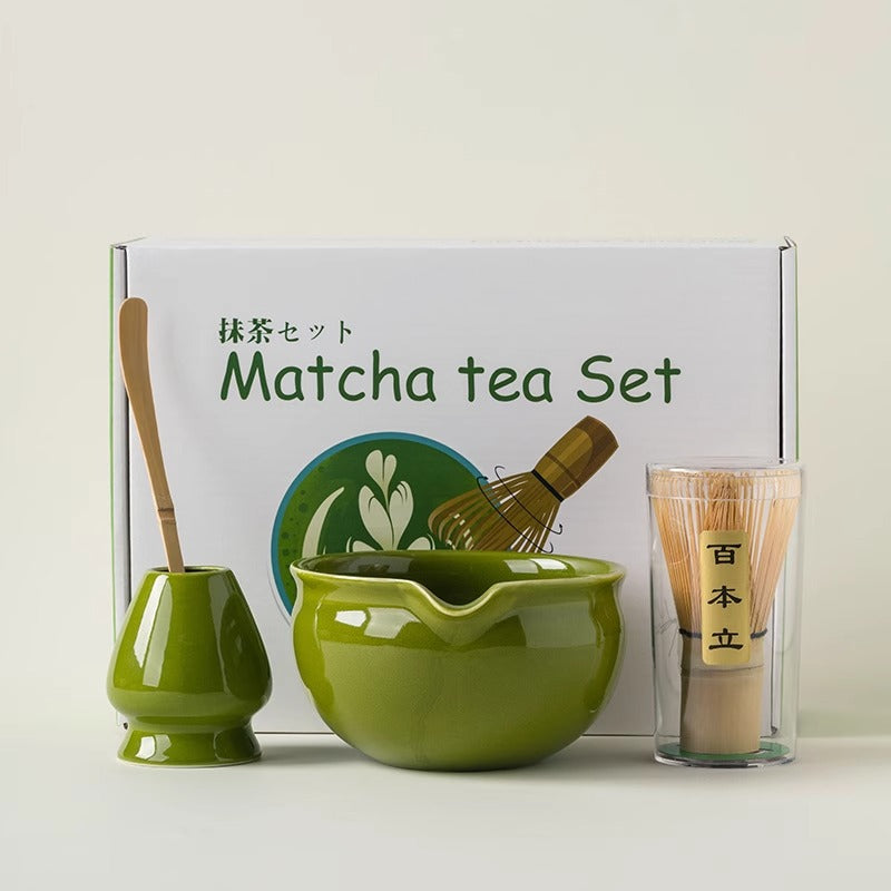 Complete matcha set for Japanese tea ceremony with handcrafted bamboo whisk and ceramic bowl
