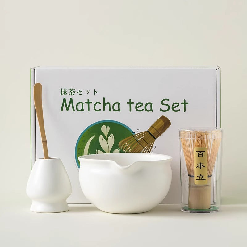 Matcha tea set with ceramic bowl, bamboo whisk, and scoop (chashaku)