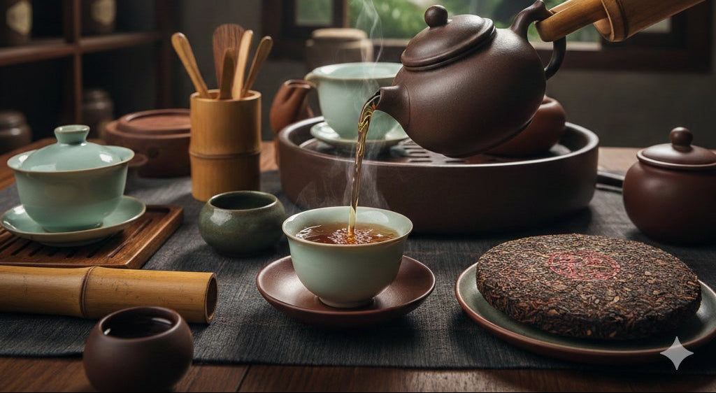 Liu Bao dark pu-erh tea leaves in a teapot