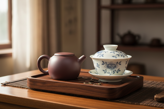 Porcelain gaiwan and Yixing clay teapot on a tea table for brewing Chinese tea
