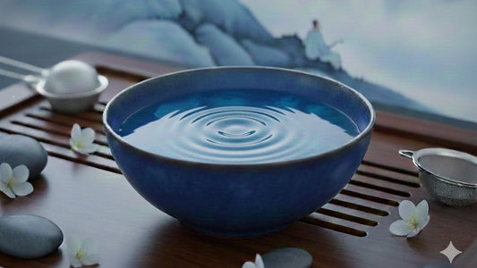 Cup of Chinese tea with clear infusion next to a teapot and fresh water