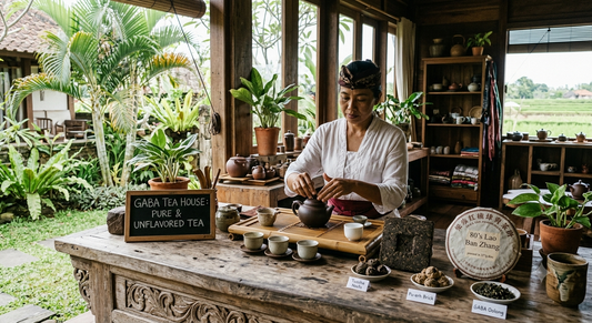 Premium loose GABA oolong leaves and compressed Pu-erh cakes being carefully inspected on a wooden table, highlighting 100% pure, natural, and unflavored tea alternatives in Bali.