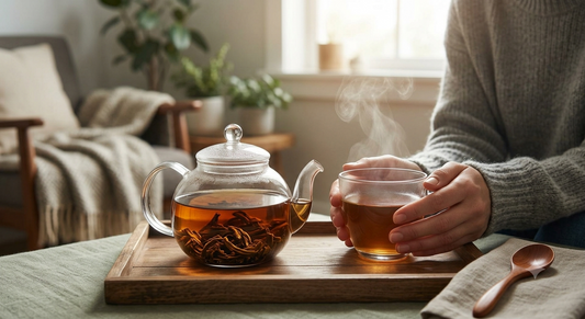 Pouring dark aromatic GABA oolong tea from a teapot into a ceramic cup on a wooden tray