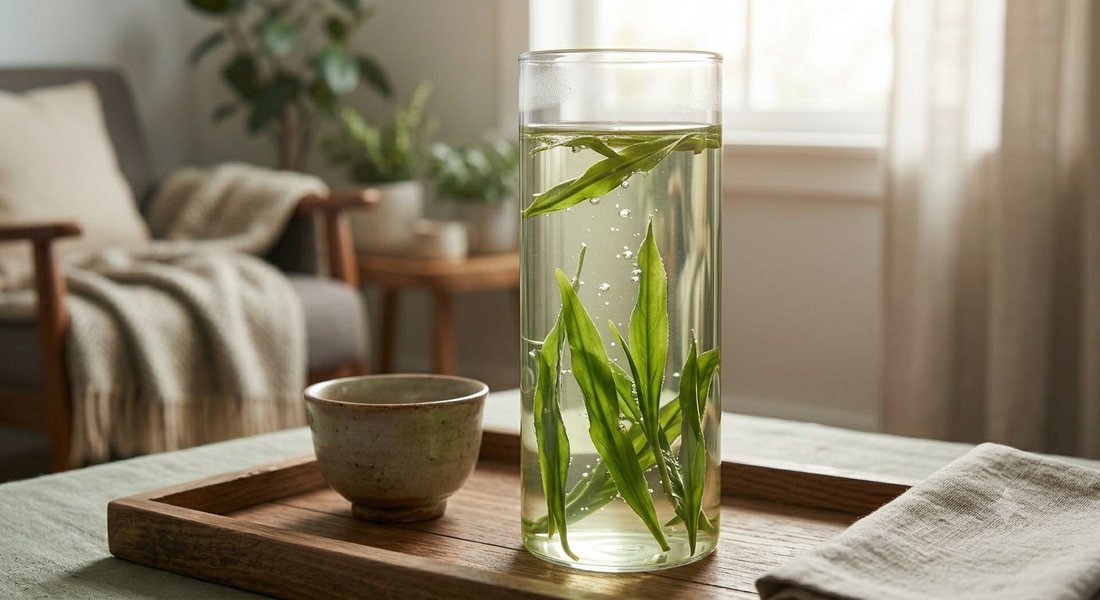 Long flat green leaves of traditional Chinese tea infusing and standing vertically inside a tall clear glass cup