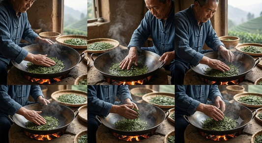 A tea master traditional pan-firing green Longjing leaves in a hot iron wok by hand