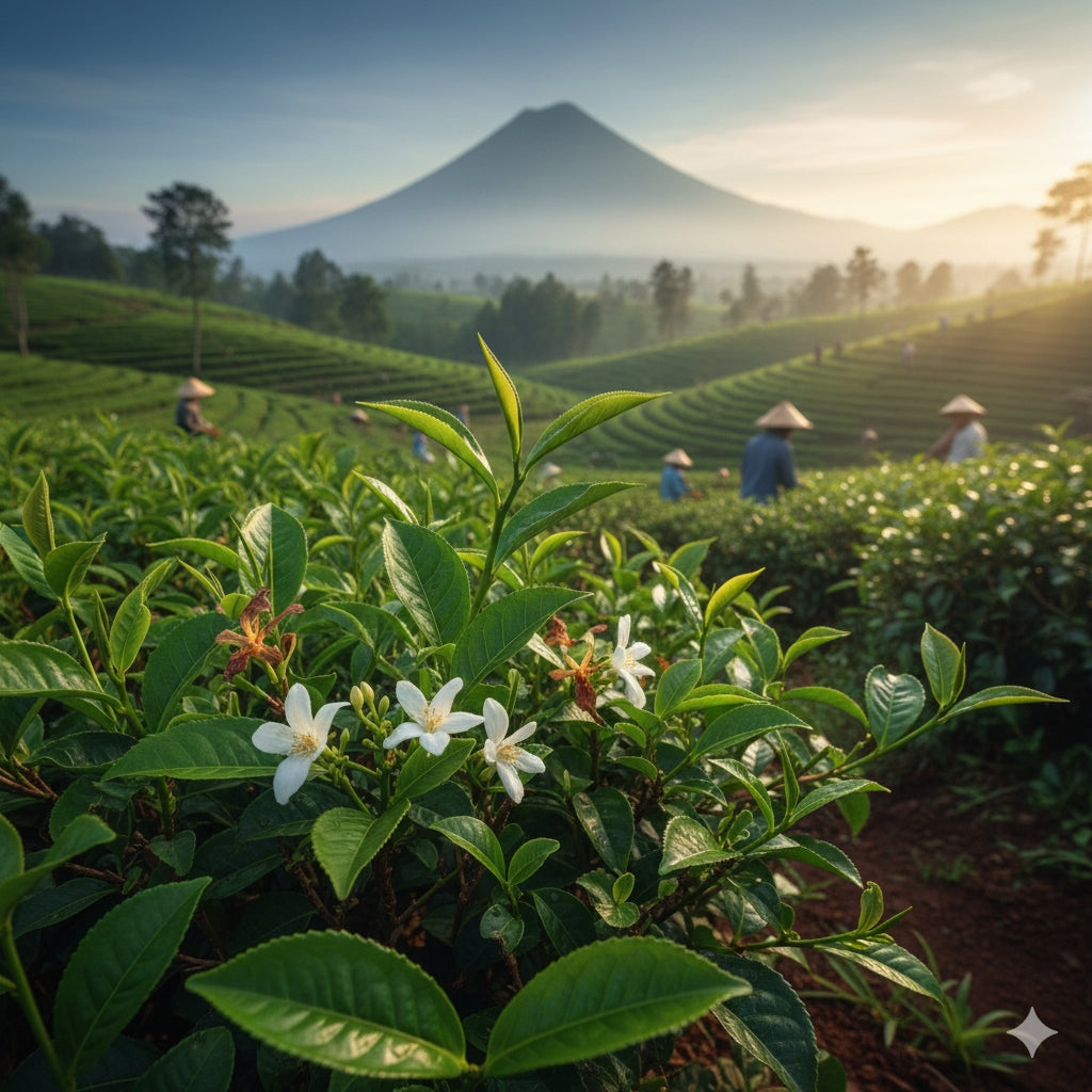 Tea plantations on Indonesia’s volcanic slopes and fresh tea leaves.