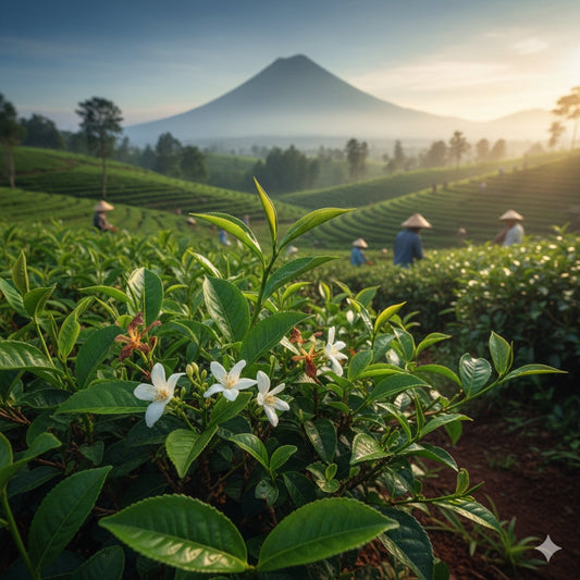 Tea plantations on Indonesia’s volcanic slopes and fresh tea leaves.