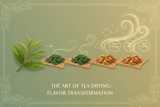 Sun-dried tea leaves on bamboo trays in China — traditional Chinese tea processing method