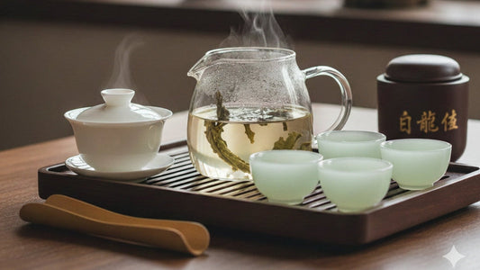 White Dragon Tail tea brewing in a glass teapot, leaves swirling gracefully in hot water 