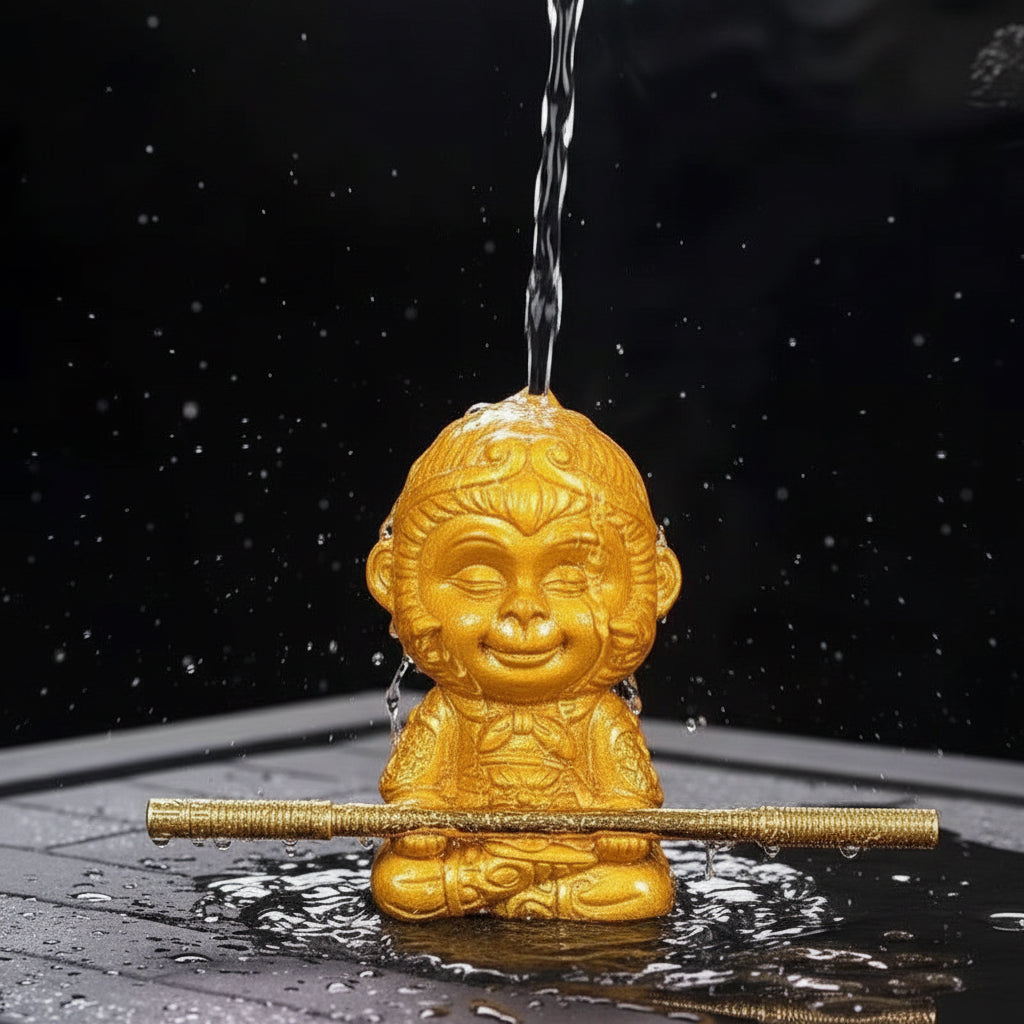 Gold-colored figurine of a seated monkey figure with a staff on a reflective surface, with text indicating dimensions 9 cm
