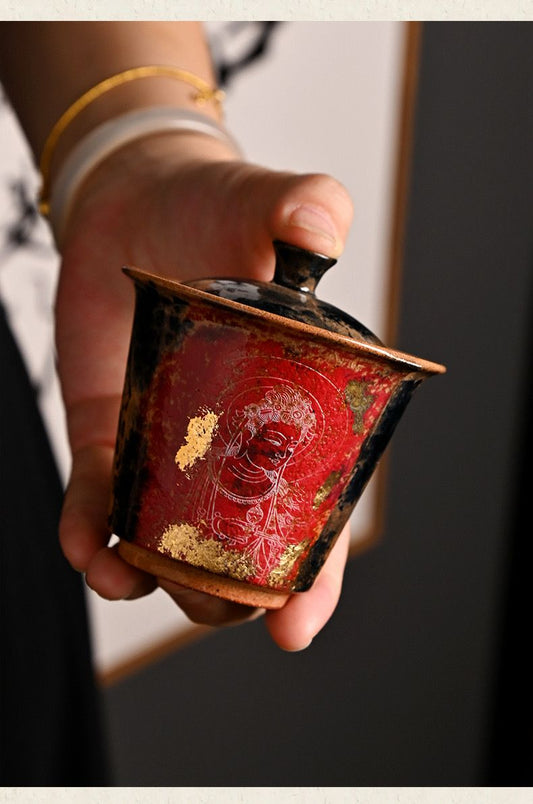 Premium 140ml handmade porcelain gaiwan with hand-painted Buddha motif