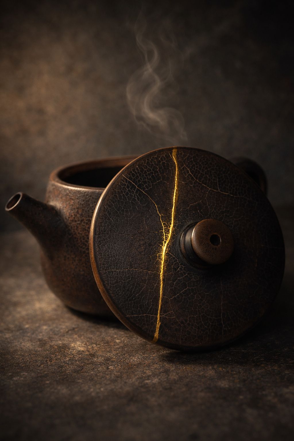“Dark clay teapot with fossil leaf texture”