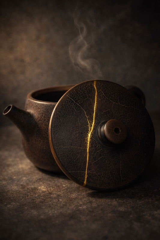 “Dark clay teapot with fossil leaf texture”