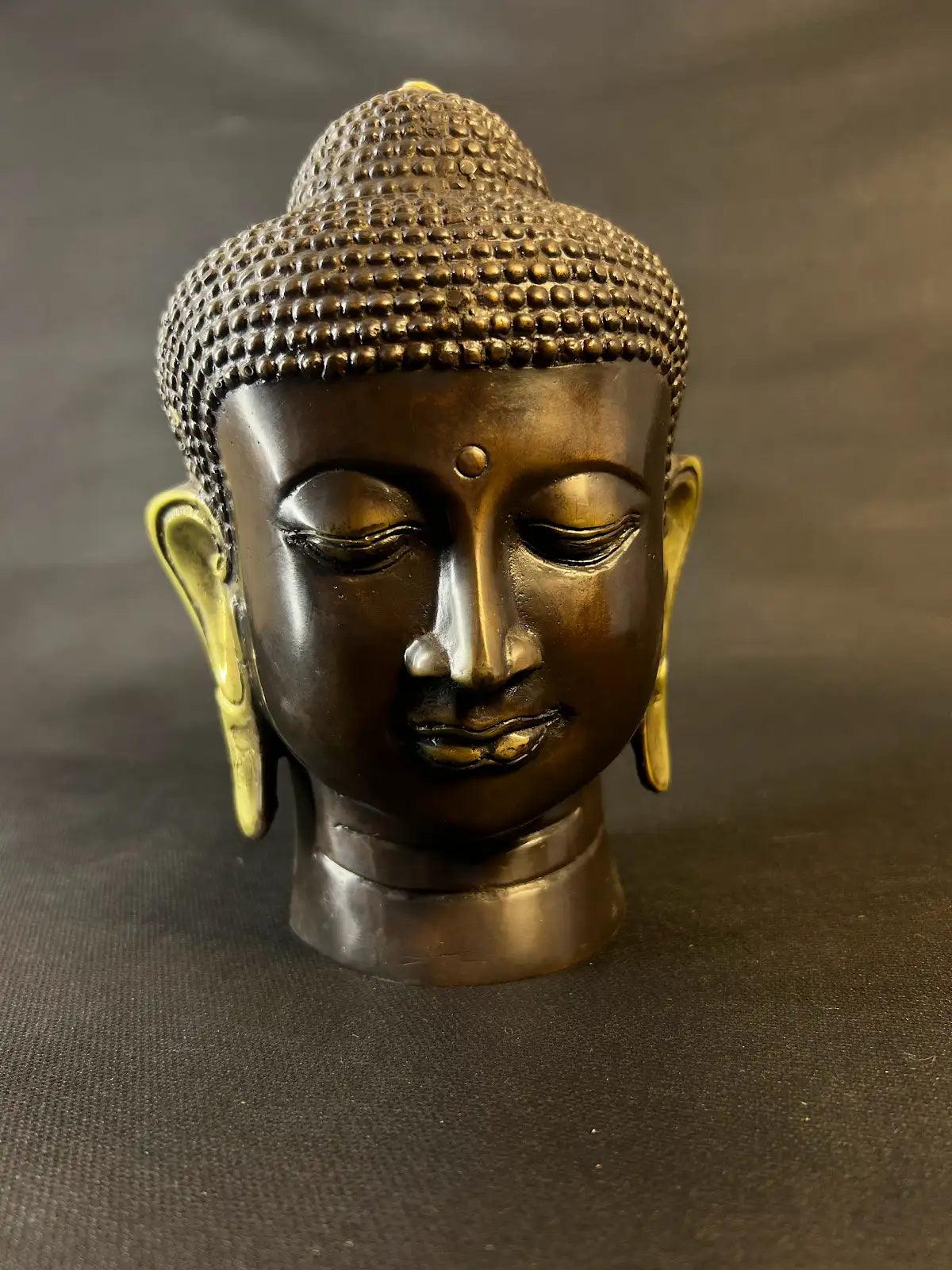 Serene Bronze Buddha Head Sculpture - Gaba Tea House