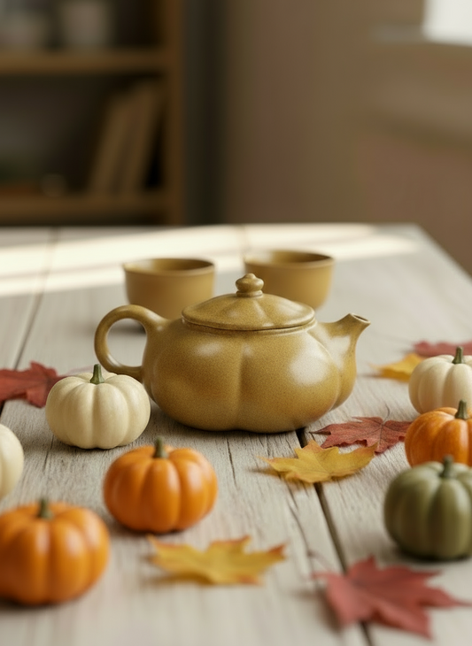 Yixing teapot “Golden Pumpkin,” 180 ml, shaped like a pumpkin with warm golden clay.