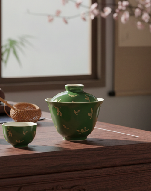 Traditional ceramic gaiwan with gold lotus pattern