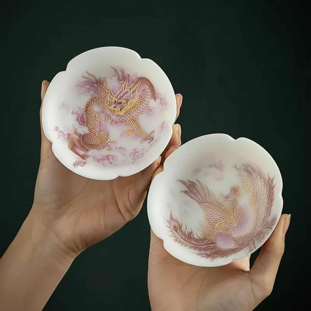 Porcelain Teacup 60ml – Hand-Painted Dragon & Phoenix, Calligraphy Design