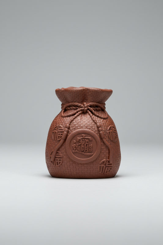 “Orange clay pouch tea figurine with coin motif”