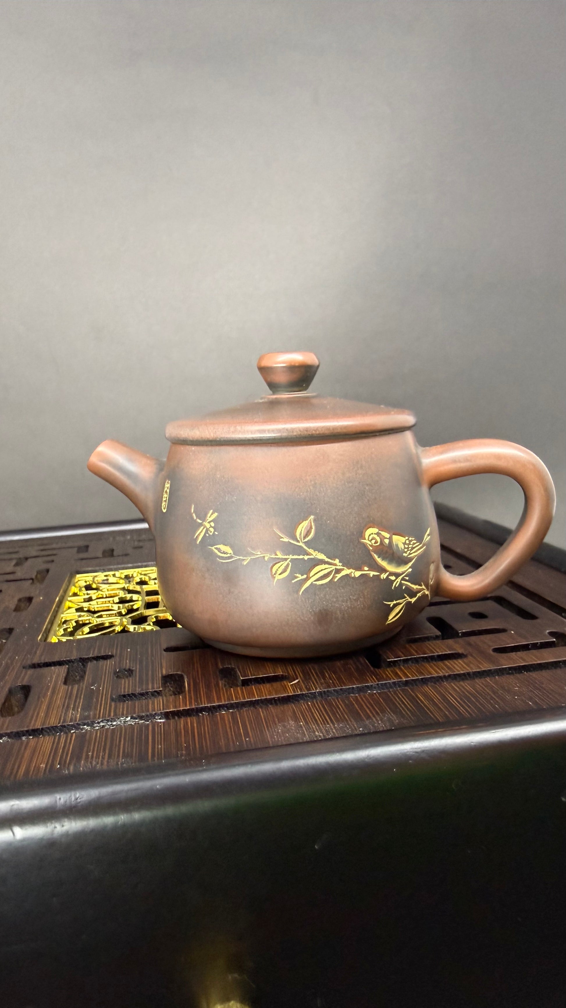 Grey-orange Yixing clay teapot 120 ml with bird decoration