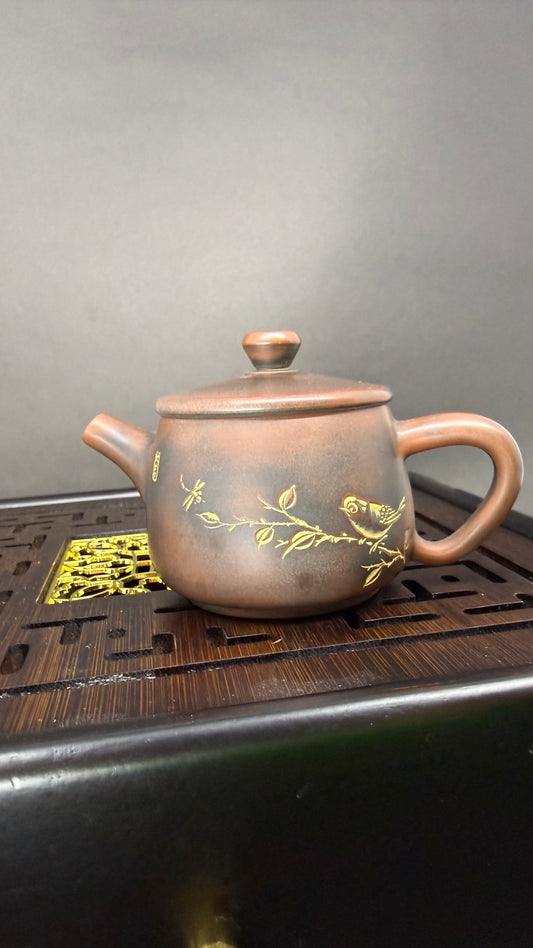 Grey-orange Yixing clay teapot 120 ml with bird decoration