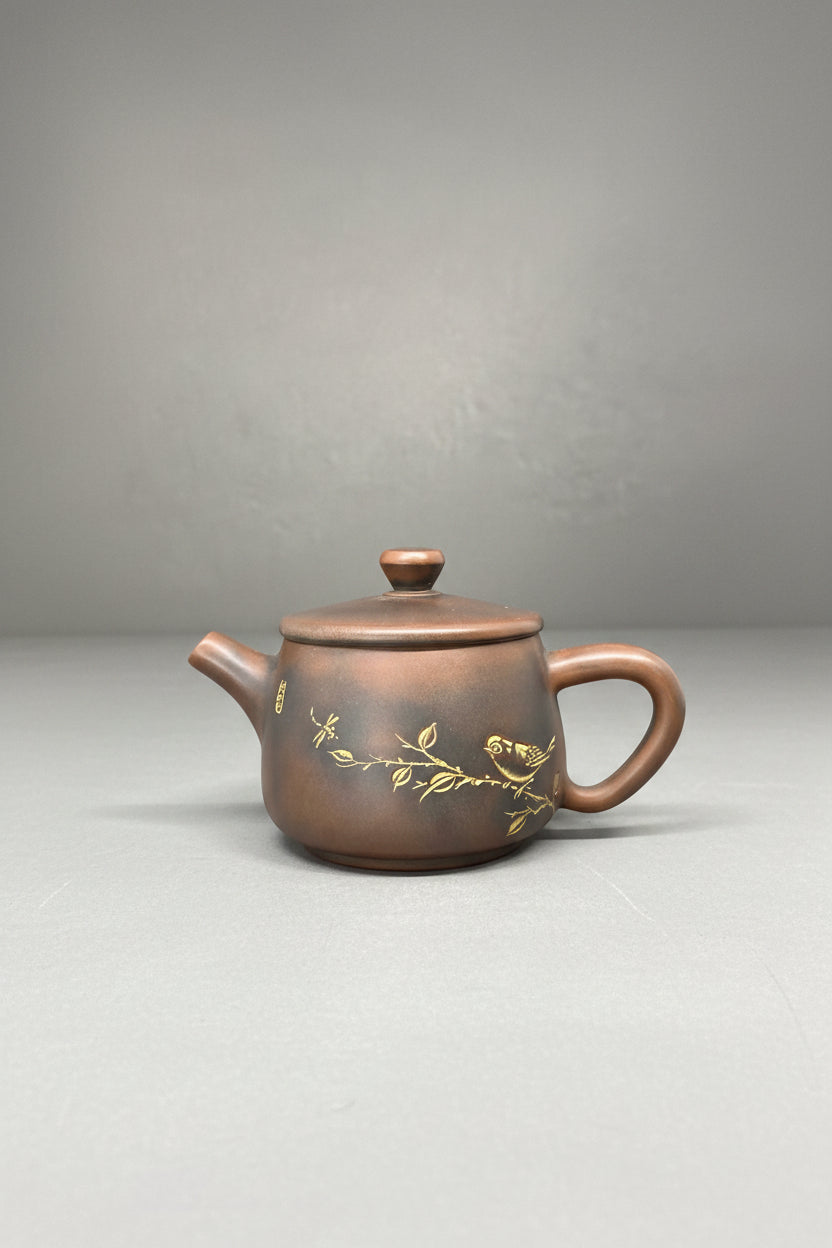 Grey-orange Yixing clay teapot 120 ml with bird decoration