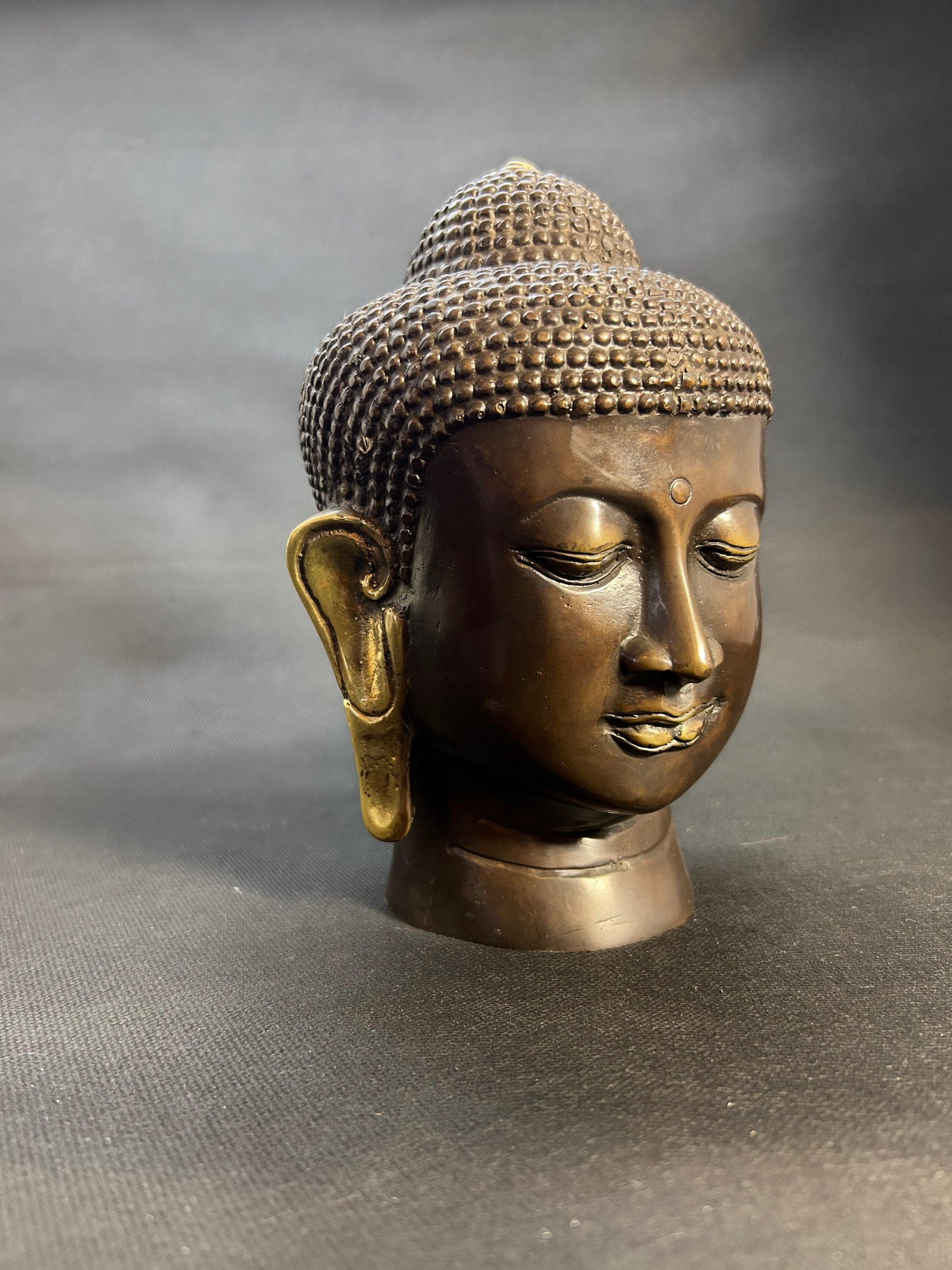 Serene Bronze Buddha Head Sculpture - Gaba Tea House