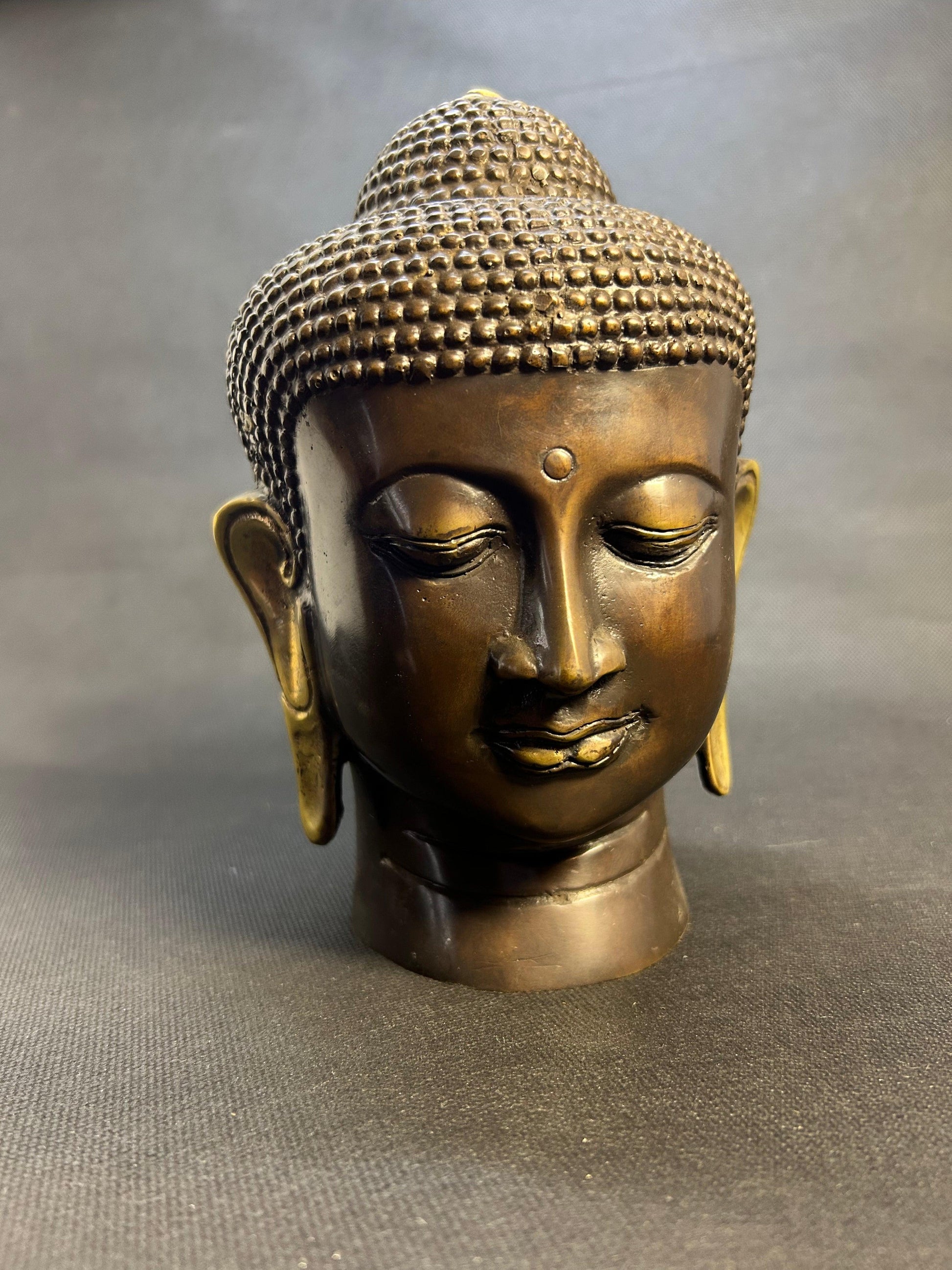 Serene Bronze Buddha Head Sculpture - Gaba Tea House