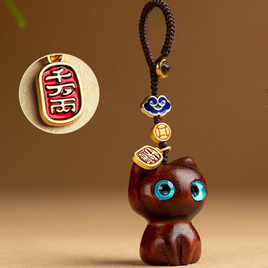 Smelly cat for good luck Keychain Handmade wood