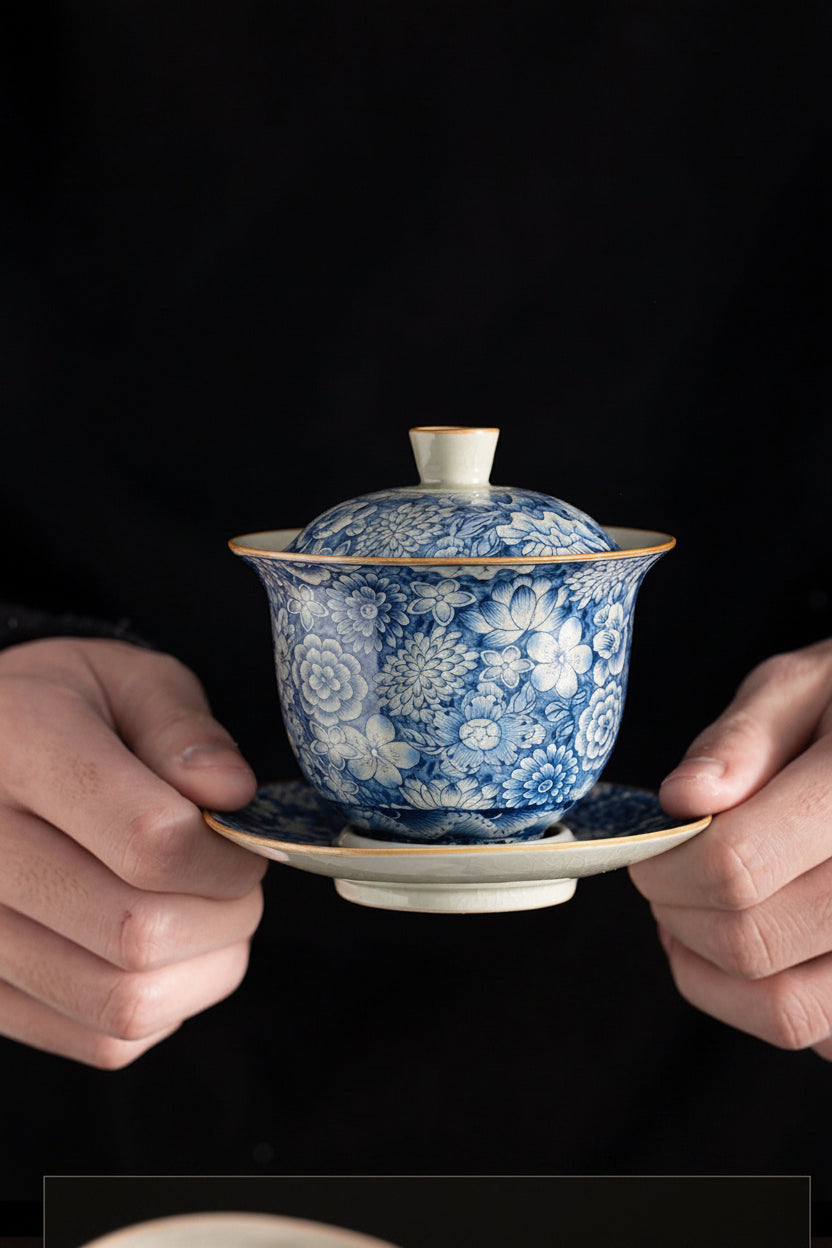 Chinese aged clay gaiwan with deep saucer on a wooden tea table