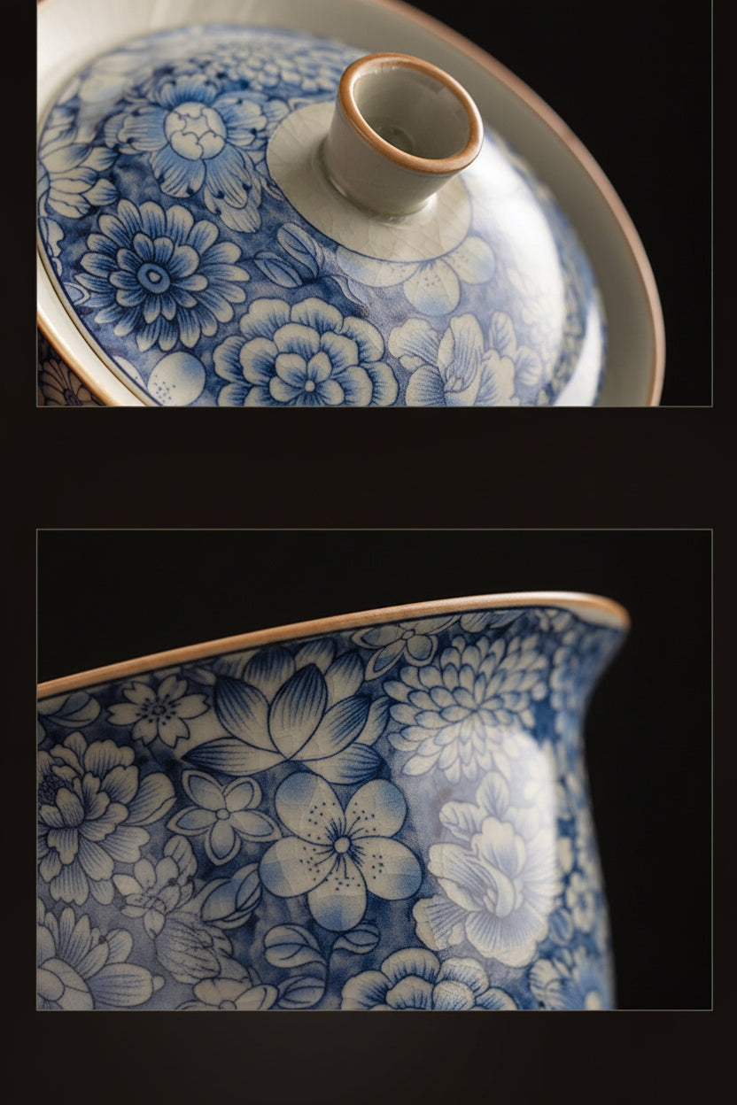 Blue and white porcelain General gaiwan 160ml with Qinghua floral pattern