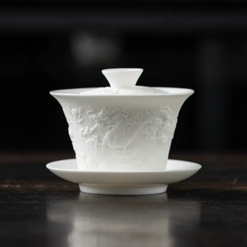 Elegant Gongfu tea brewing gaiwan cup with dragon relief