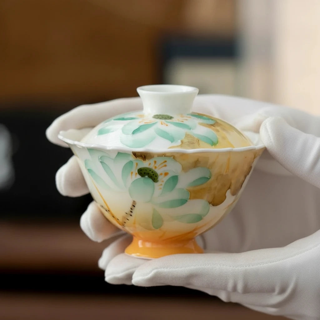 Hand-painted lotus gaiwan for tea ceremonies