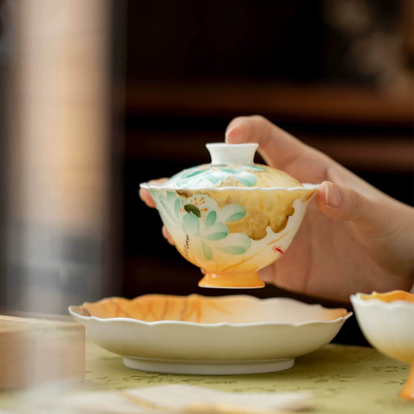 Hand-painted lotus gaiwan for tea ceremonies