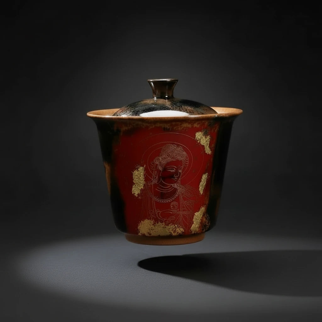 Premium 140ml handmade porcelain gaiwan with hand-painted Buddha motif