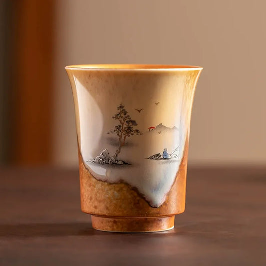 Porcelain tea cup with Chinese landscape painting – fisherman and mountains