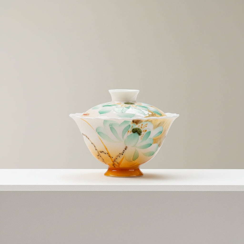 Ceramic Lotus Bloom Gaiwan 150ml with floral artwork