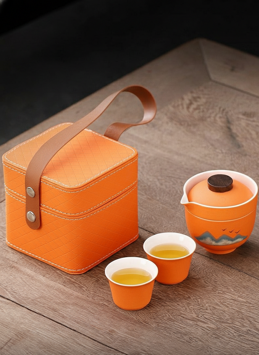 Orange Peak — Travel Porcelain Tea Set with Gaiwan, Chahai & Two 30 ml Cups