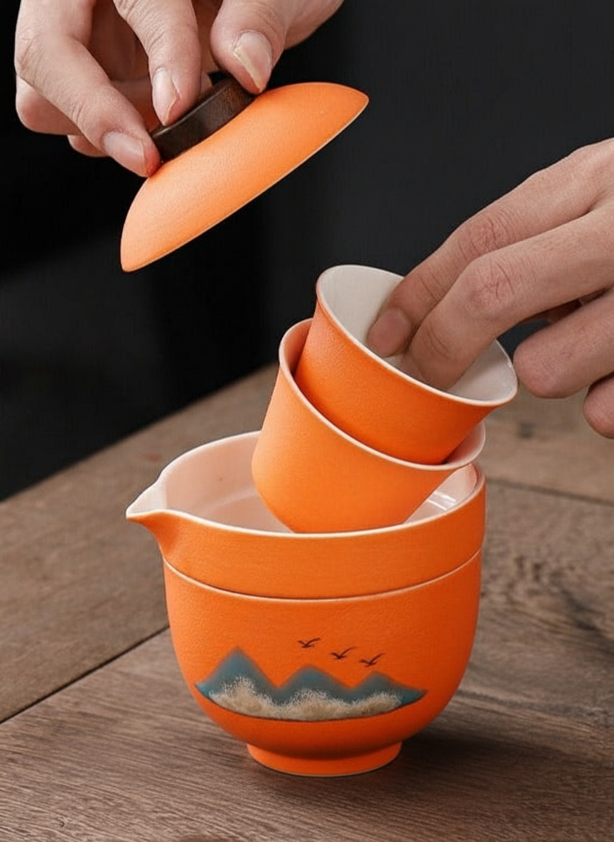 Orange Peak — Travel Porcelain Tea Set with Gaiwan, Chahai & Two 30 ml Cups