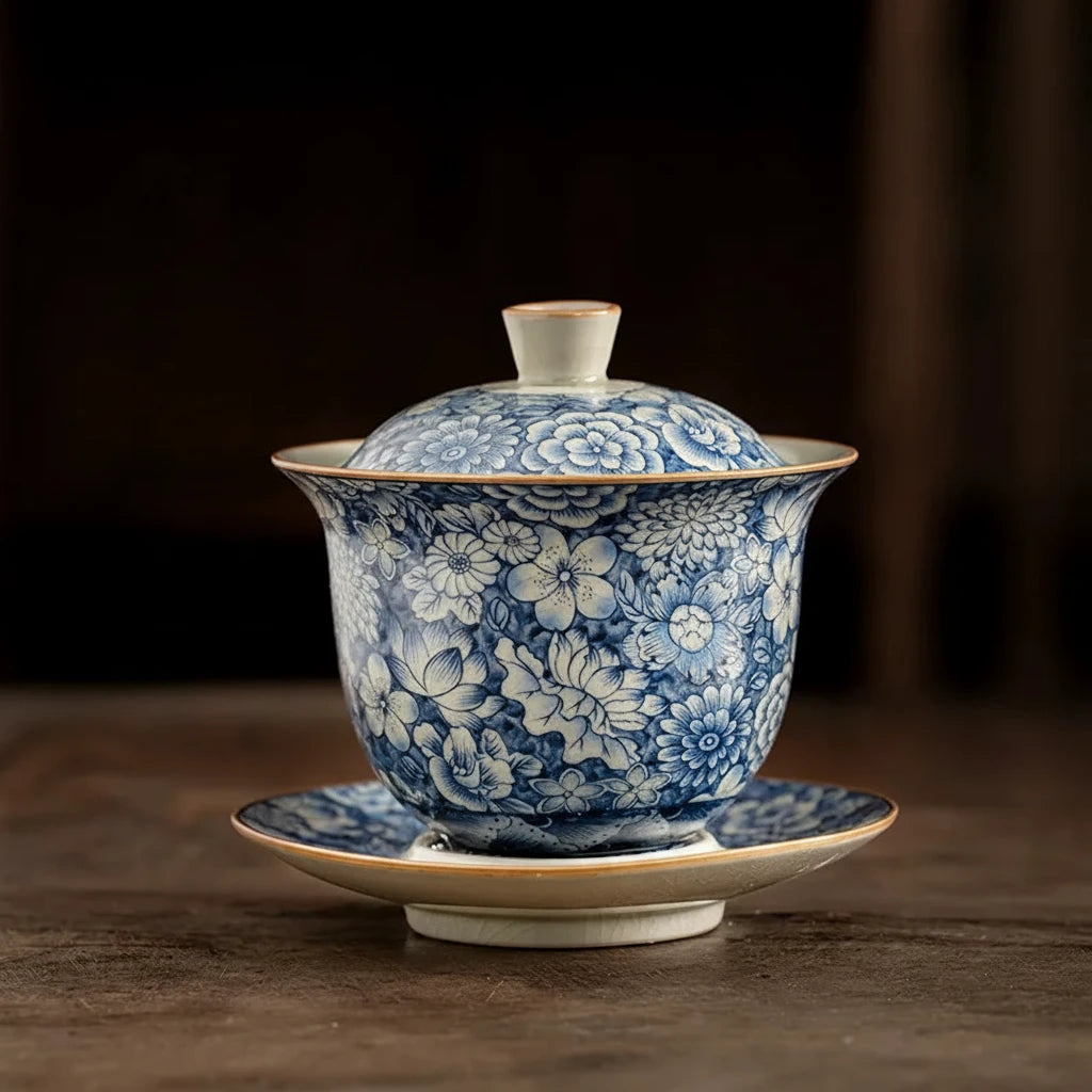 Blue and white porcelain General gaiwan 160ml with Qinghua floral pattern