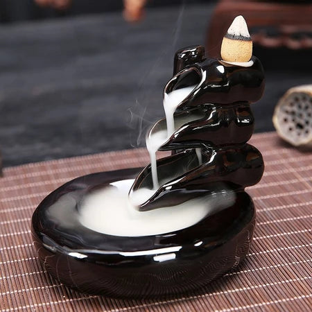 Black ceramic backflow incense burner in bamboo design with waterfall smoke effect