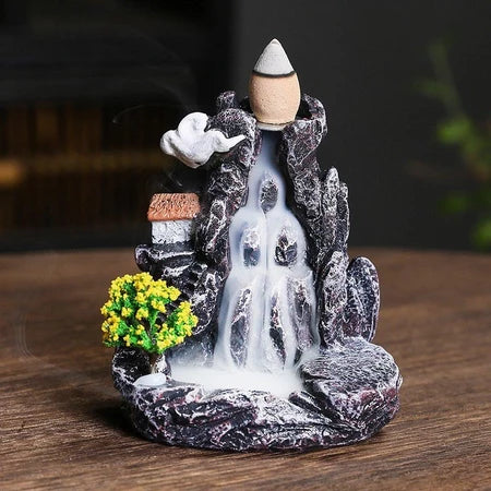 Backflow Incense Burner – Waterfall Mountain with Tree and House